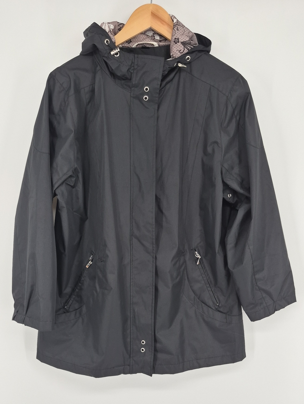 Free Country Radiance Hooded Black Rain Jacket Full Zip And Button Womens Large
